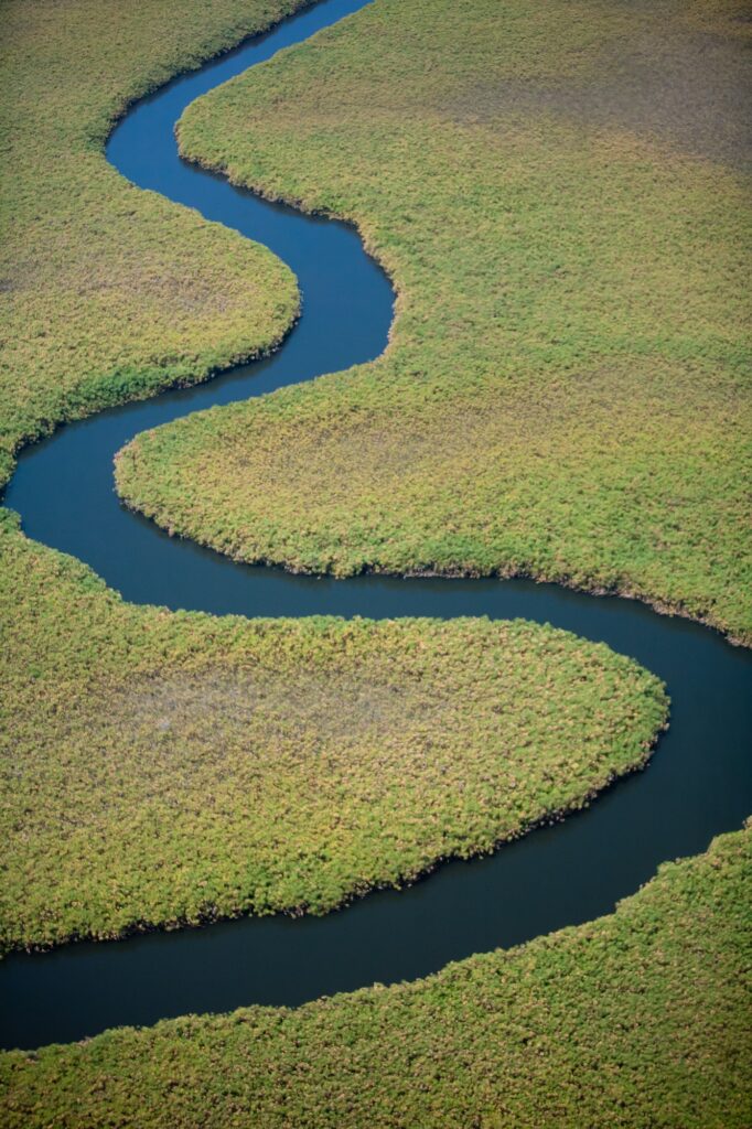 Winding river course, seen from above. River bends.